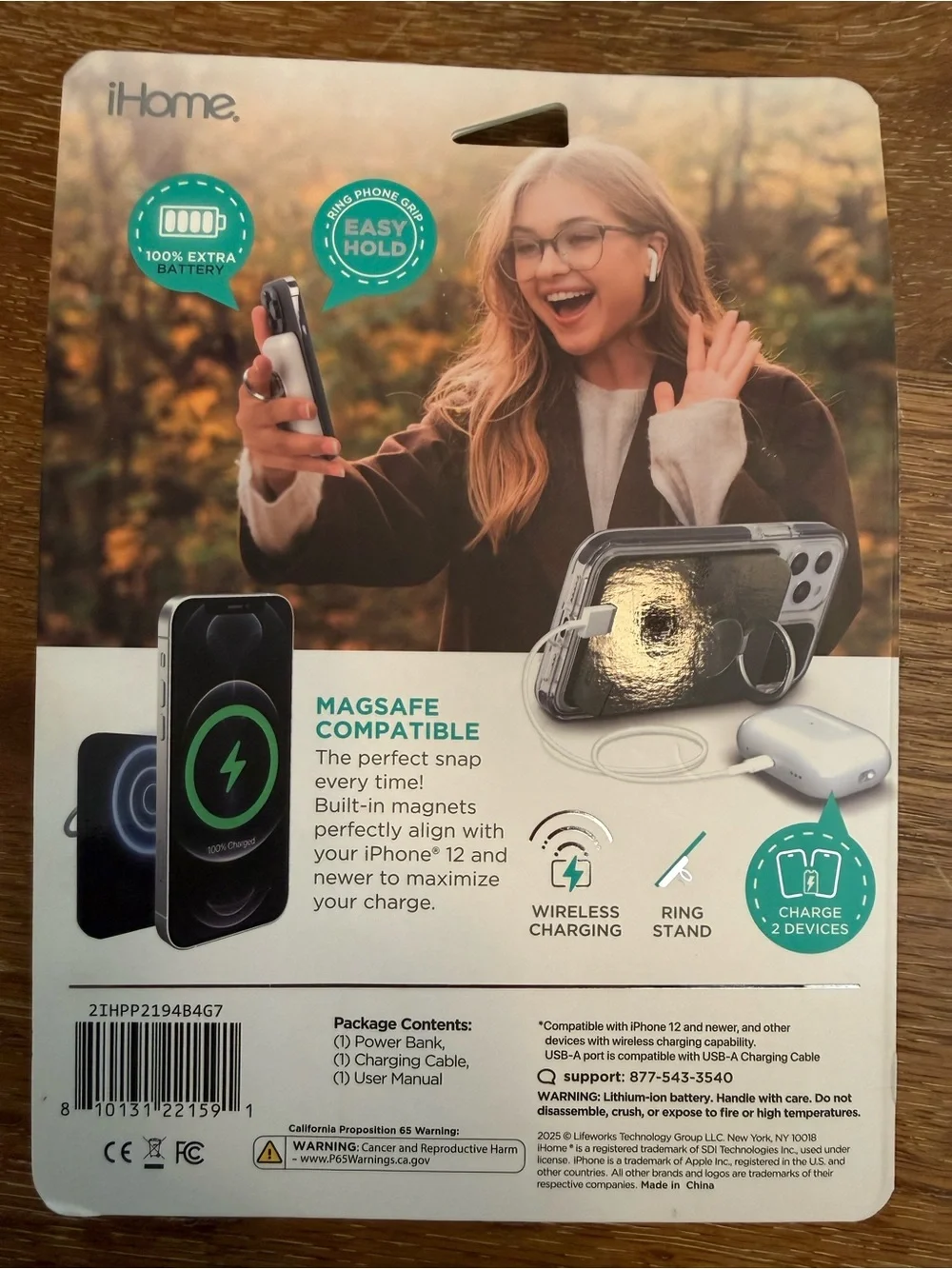 iHome Black Magnetic MagSafe Power Bank with Ring Stand